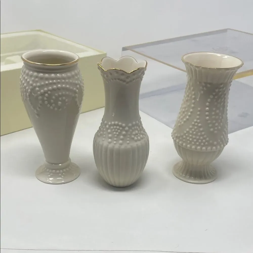 New! Vintage Lenox trio ivory porcelain bud vases with decorative beading